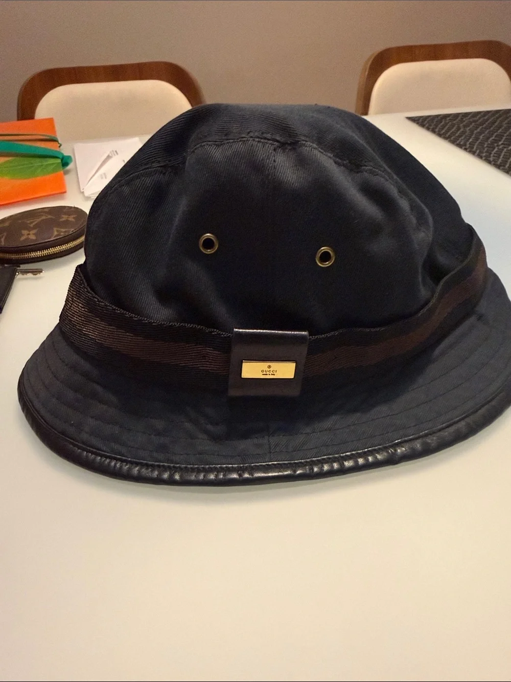 Gucci Black Bucket Hat with Brown Web Trim and Gold Plaque